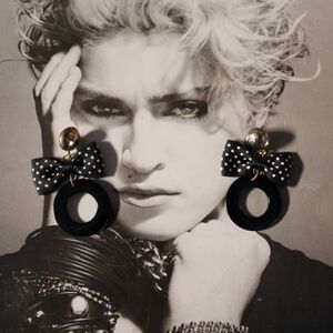 Vintage 80s Polka Dot Bow Black Earrings Lightweight